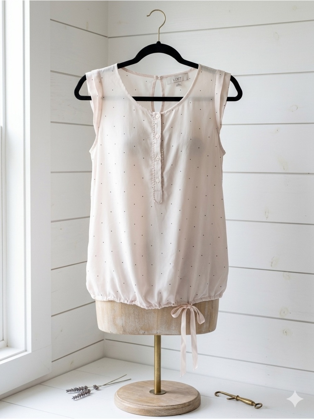 LOFT Pale Nude Cream Sleeveless Dot-Print Semi Sheer Blouse Feminine